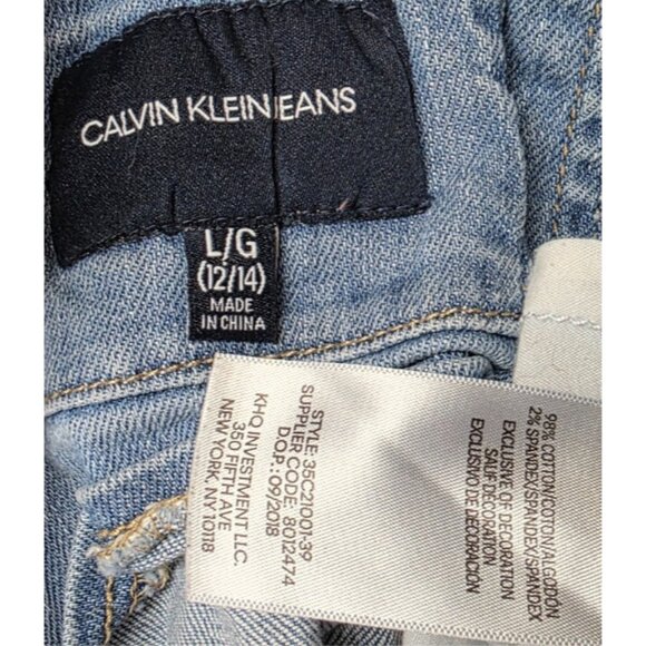 Calvin Klein Womens L 12/14 Distressed Light Blue Denim Bib Overall Jorts Shorts - Picture 12 of 14